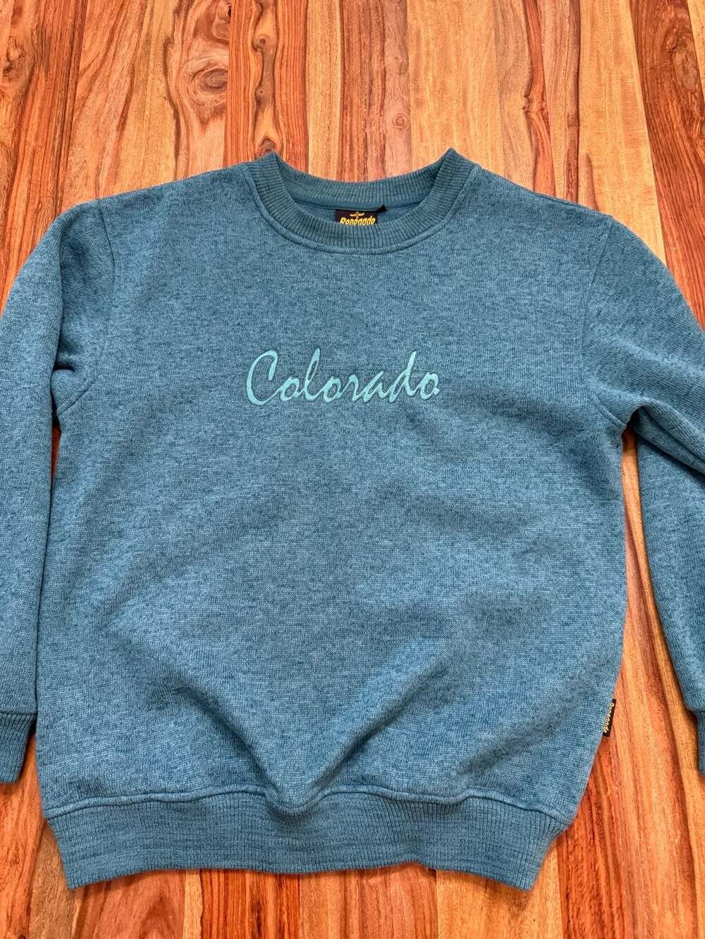 Renegade Club Colorado Embroidered Teal Heather Knit Crewneck Sweater